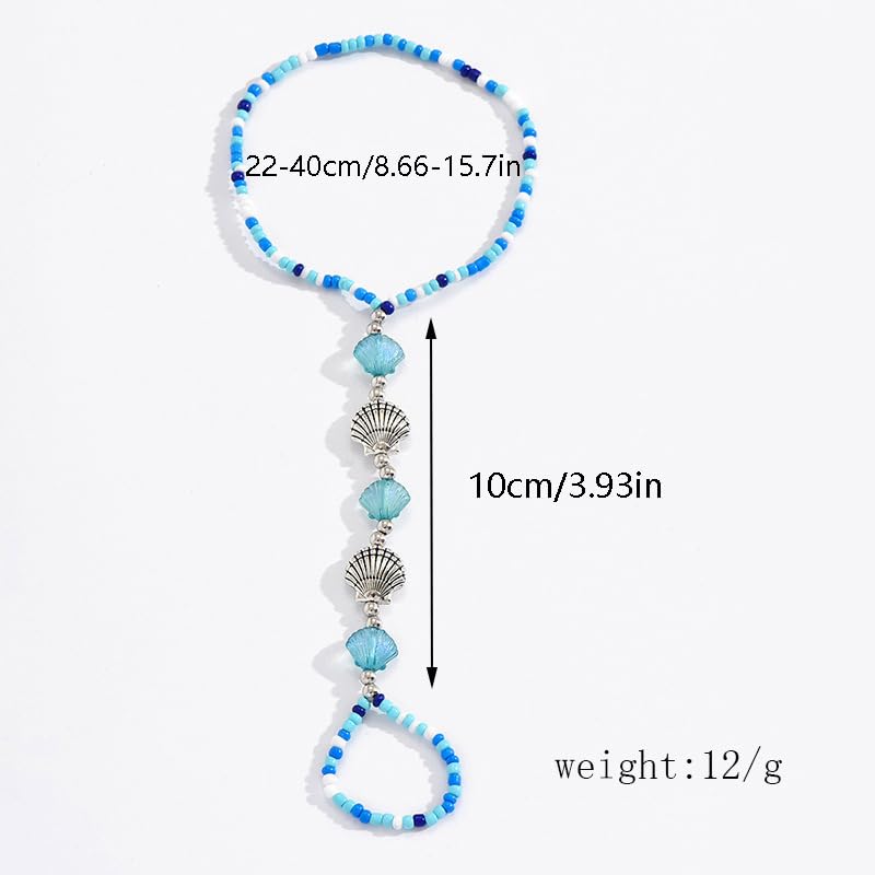 Bohemian Beaded Shell Anklet Barefoot Sandals Ocean Blue Seashell Beach Adjustable Ankle with Toe Ring for Women Dainty Foot Chains Jewelry