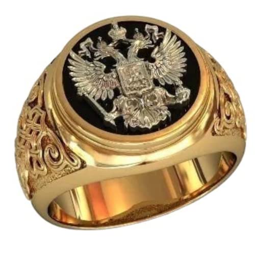 QUSIIOSLK Luxury 14K Gold Plated Russian Emblem Ring for Men Vintage Double Headed Eagle National Emblem Signet Ring Personalized Engraved Jewelry （Size 12） - size: Size 12