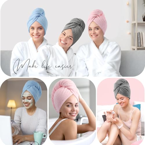 YFONG 3 Pack Large Microfiber Hair Towel Wrap, 30" x 10" Thicker Anti Frizz Quick Dry Hair Towels for Women Long, Curly, Thick Hair, Super Absorbent Hair Turban for Wet Hair (Grey, Pink, Blue) - color: Grey, Pink, Blue