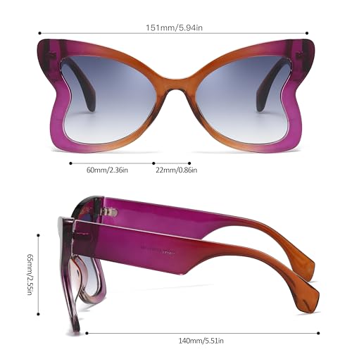 Chicid Oversized Butterfly Sunglasses for Women, Funky Sunglasses with UV400 Protection Non-Polarized Lenses - color: A02 Purple Framen/Gradient Grey