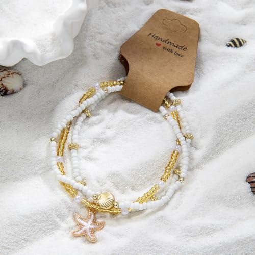 Vivian&CD Boho Shell Anklets Bracelet for Women Waterproof, Gold Layered Seashell Starfish Puka Shell Anklet, Adjustable Colorful Beaded Stack Stretch Bead Bracelet Set, Fashion Beach Foot Jewelry for Hawaii Summer Vacation - style: Starfish3