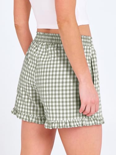 ANRABESS Boxer Shorts for Women,Gingham Plaid Elastic Waist Ruffle,Perfect for Lounge,Pajama&Sleep,Cute Casual Summer Bottoms - color: Army Green White Plaid, size: XX-Large