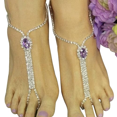 1Pair Beach Rhinestone Barefoot Sandals Anklet with Toe Ring Crystal Anklet Bracelet Rhinestone Bridal Wedding Foot Chain Sandal Anklet for Women