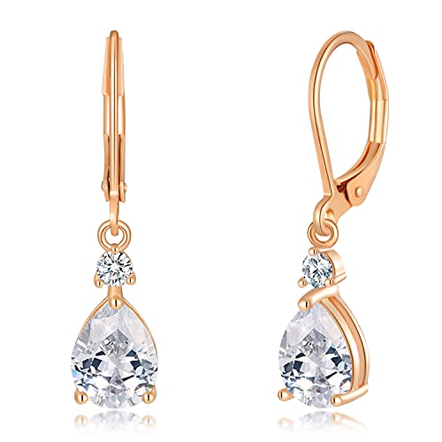 CiNily Teardrop Leverback Dangle Earrings for Women Hypoallergenic 14K Gold Plated Cubic Zircon Drop Earrings Fashion Crystal Earrings for Girls Jewelry Christmas Gifts - color: Rose Gold-White CZ
