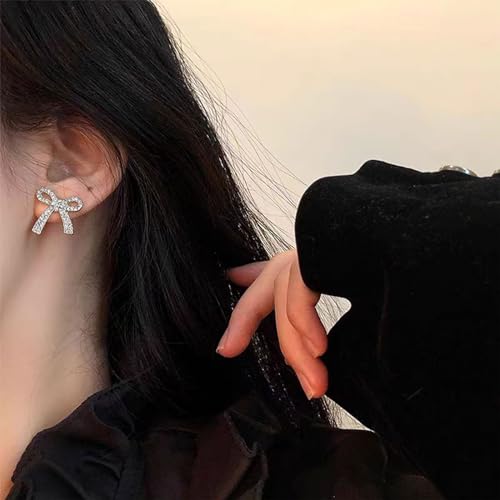 Rhinestone Bow Earrings for Women, Elegant Bridal Jewelry Statement Drop Dangle Earrings, Wedding Guest Dress Matching Accessories, Bridesmaid Gift, Sparkling Party Costume Outfit - color: A2:Silver Bow Stud Earrings