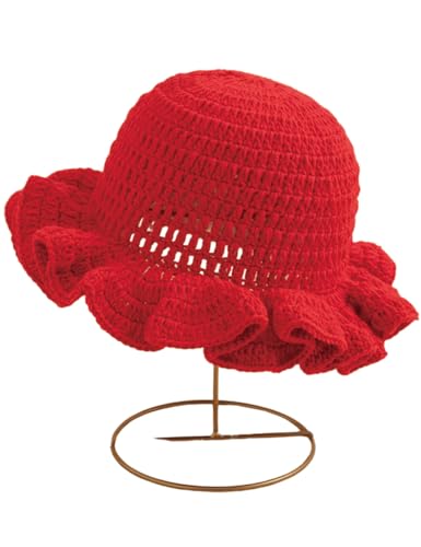 KORADI Womens Crochet Bucket Hat Ruffled Brim Knitted Hats Winter Boho Handmade Caps - color: Red-pearl