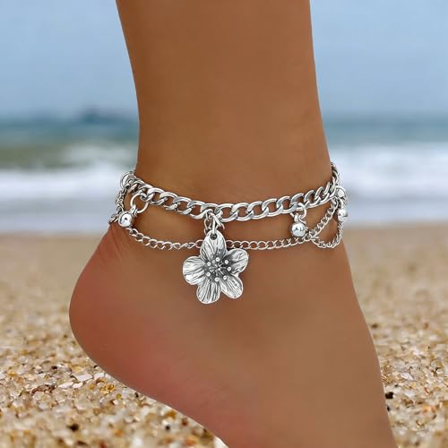 Ankle Bracelets for Women Gold Anklets for Women Waterproof Summer Beach Jewelry Pink Blue White Silver Flower Anklets for Women Plus Size Anklet Bracelet for Big Ankles Foot Jewelry - color: 2 - silver