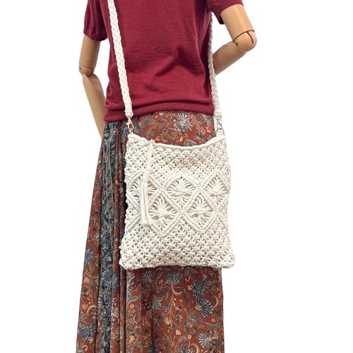 Eiyye Handmade Crochet Purse Boho Cotton Rope Crossbody Shoulder Bag with Tassel Casual Bag for Women - color: Off White-vertical