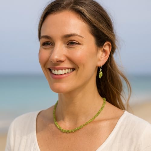 ZANNAH Gemstone Beaded Necklaces for Women - Boho Style Essential Necklace 15" + 3.14" Extender, Cute and Trendy Choker, Natural Stone Handmade Jewelry, Thoughtful Gifts for Women - color: Green - Peridot