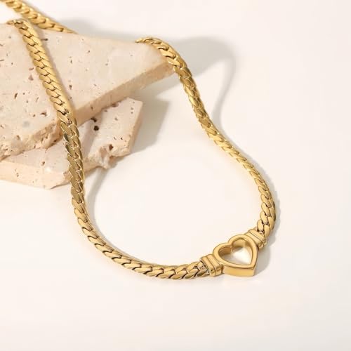 Heart Choker,Stainless Steel Necklace for Women,Chunky Heart Pendant, 40cm Length, 21.5g Weight - color: gold