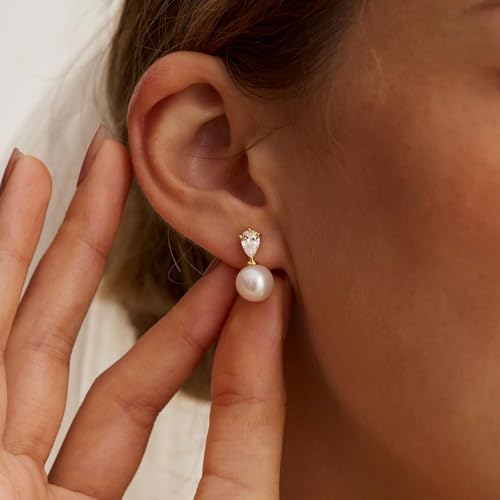 Pearl Earrings for Women, Dainty Wedding Bridal Earrings 14k Gold Plated CZ Pearl Drop Earrings for Women Trendy Hypoallergenic Unique Gold Drop Earrings Fashion Prom Jewelry - color: Gold-A
