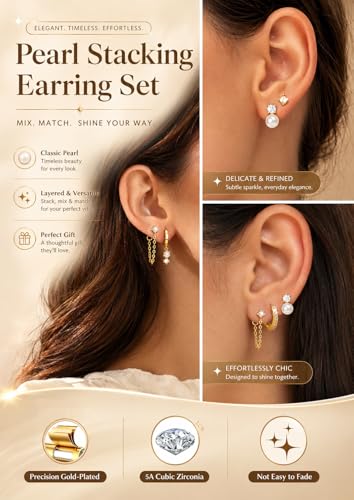LOYALLOOK Hypoallergenic Flat Back Stud Hoop Earrings for Women, 14K Gold Plated Surgical Steel Earring Stacks Set for Sensitive Ears, Dainty Dangle Chain Silver Cartilage Earring Trendy Piercing Jewelry - color: Gold-pearl