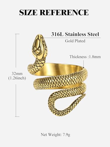 Stainless Steel/18K Gold Plated/Black Snake Ring for Men Women Size 7-12 Serpent Reptile Rings Punk Gothic Jewelry(with Gift Box) - color: 02-Gold Plated