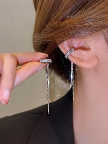 Silver Chain Earrings for Women Dainty Long Tassel Chain Hoop Earrings Layered Shiny Ring Non Piercing Earring Y2K Drop Dangle Cuff Earring Crystal Huggie Clip Hoops Gift for Her - color: Left Ear