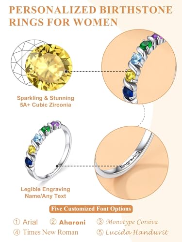 Custom4U Personalized Mothers Ring with 1-5 Birthstones Names Engraved 925 Sterling Silver/14K White Gold Plated Birthstone Rings for Women Promise Ring Birthday Jewelry Gifts for Mom Grandmother Wife - color: 5 Silver