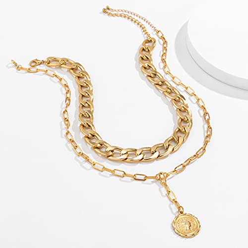 JWICOS Gold Boho Cuban Chunky Necklace Layered Dainty Paperclip with Coin Pendant Choker Chain for Women (Gold) - color: Gold