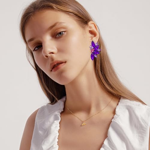 Bohemian Statement Sparkly Colourful Fancy Rhinestone Crystal Flower Dangle Drop Stud Earrings Vintage Wedding Bridal Prom Earrings for Women - color: Purple Pink