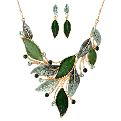 Vintage Chunky Statement Jewelry Set Retro Leaf Floral Geometric Bohemian Boho Bib Necklace Earring Set Fashion Costume Jewelry for Women Girls Wedding Party Prom Unique Gift - style: spring leaf-green gold