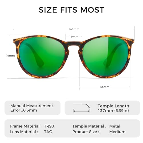 SUNGAIT Premium Vintage Round Sunglasses for Women Men Classic Retro Trendy Style - color: 15 Polarized Green Mirror Lens/Amber Frame(matte Finish)