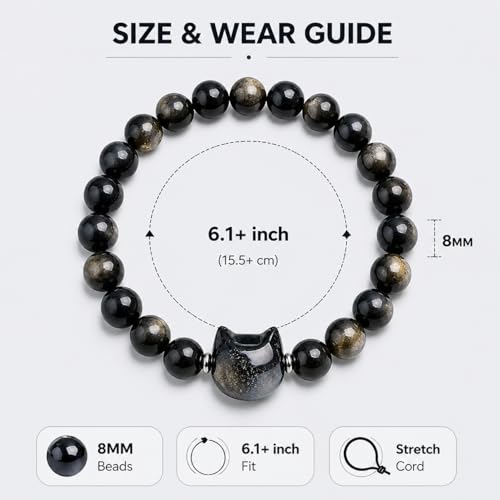 Beaded Bracelets for Women, Black Obsidian Money Attraction Bracelet, 8mm Healing Relax Anxiety Luck Crystal Bead Bracelets, Adjustable Jewelry Feng Shui Stretch Bracelet Cat Lover Gifts for Women Men - color: Black Cat
