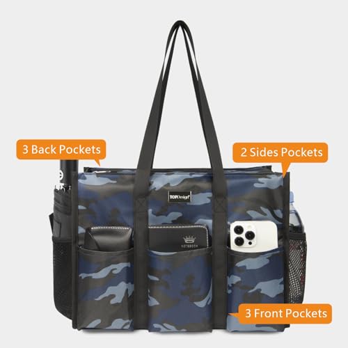 TOPDesign Utility Water Resistant Tote Bag with 13 Pockets, Top Zipper Closure & Thick Bottom Support, for Working Women - color: Blue Camouflage, size: Large