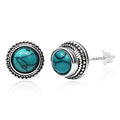 Tibetan Turquoise Earrings 925 Sterling Silver Post Stud Boho Gemstone Hypoallergenic Handmade Earrings for Women Trendy Fashion - style: Round