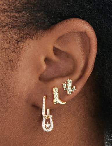 Mameloly Cowgirl Earrings for Women CZ 14K Gold Plated Western Cowboy Hat Dangle Hoop Earrings Cute Jewelry Hypoallergenic - color: Guitar Shape