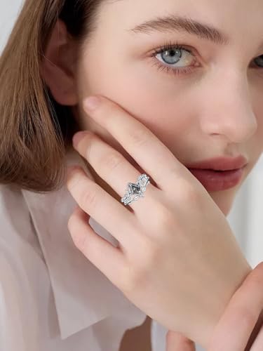 Natural Moss Agate Ring for Women 925 Sterling Silver Pear/Oval/Kite/Heart/Hexagon/Emerald/Coffin Cut Green Leaf Moss Agate Engagement Ring Promise Bridal Set Anniversary Birthday Jewelry Gifts - color: Kite Cut Black Rutilated Quartz
