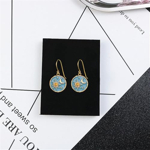 Dreuyet Vintage Sun Moon Earrings and Necklace Set for Women Boho Antiqued Crytal Sun Moon Dangle Drop Earrings Necklace Unique Handmade Retro Round Coin Celestial Jewelry Gifts - color: Gold Blue