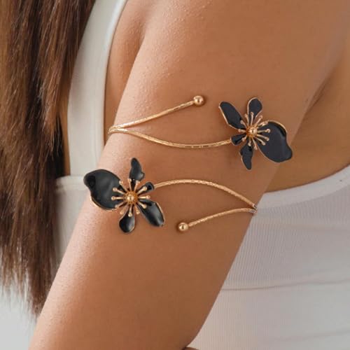 Arm Cuff Jewelry for Women Adjustable Flower Cuff Bangle Bracelet Gold Armband Upper Jewelry Gifts for Women Boho Western Accessories - color: A9:black flower