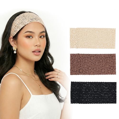 Aranya 3 Pack Classic Floral Lace Headbands - Vintage Wide Stretchy Hair Bands for Women & Girls - Soft Breathable Sheer Headwraps for Everyday, Spa, Facial & Sleeping - color: DenseFloralLace