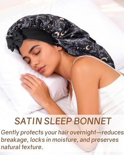 AWAYTR Long Satin Bonnet for Braids - Elastic Silk Hair Bonnets for Sleeping Night Cap Stretchy Tie Band for Women(Star and Moon) - color: Star and Moon