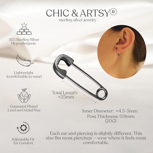 CHIC & ARTSY 925 Sterling Silver Safety Pin Earrings - Lightweight Comfortable Punk Paperclip Cartilage Hoop Earrings, Trendy Industrial Style Jewellery for Women and Men - color: Black-Small