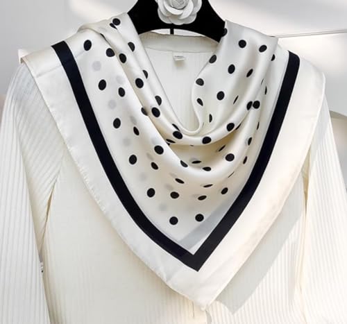 JERLA 100% Pure Mulberry Silk Square Scarf for Hair-27''x27'' Women Men Natural Silk Neckerchief Headscarf - color: Polka Dot Cream White