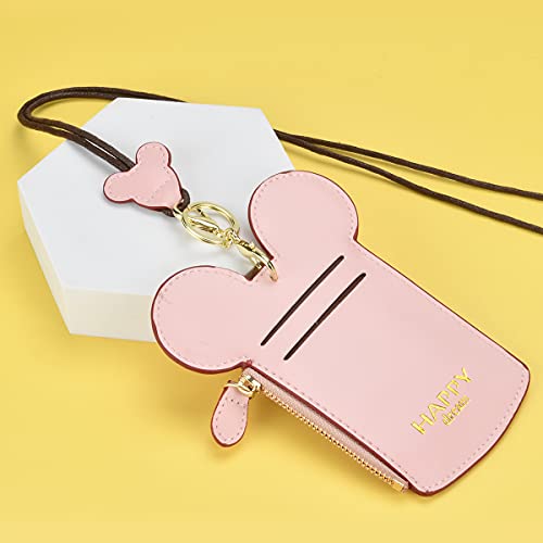 BUUFAN Chic Cute Travel PU Leather Student ID Card Holder Lanyard Neck Pouch Bag With Coin Wallet Purse for Students Women Kids Teens Girls (Pink) - color: Pink