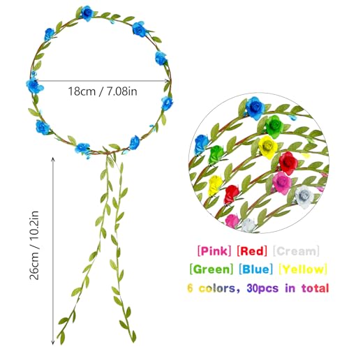 30 Pcs Assorted Colored Flower Crown Bohemian Floral Garland Headbands Multicolor Headband Garland Wreath Green Leaves Decor for Women Wedding Birthday Fairy Party Favor Supplies