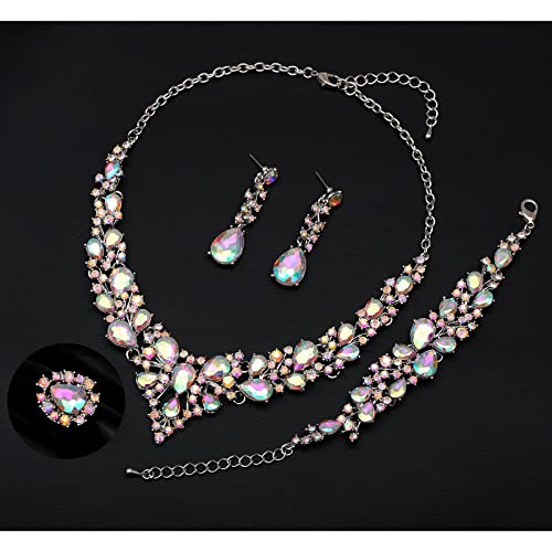 CSY 4 Pcs/Set Austrian Crystal Necklace Earrings Bracelet Ring Bridal Jewelry Sets for Brides Wedding Party Costume Accessories Gifts for Women - color: Iridescent AB Crystal - Silver tone