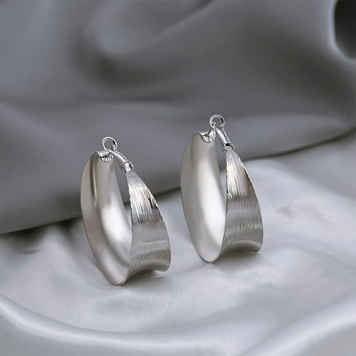 Chunky Gold Circular Statement Hoop Earrings Trendy Texture Large Piercing Dangle Drop Earrings - color: Silver