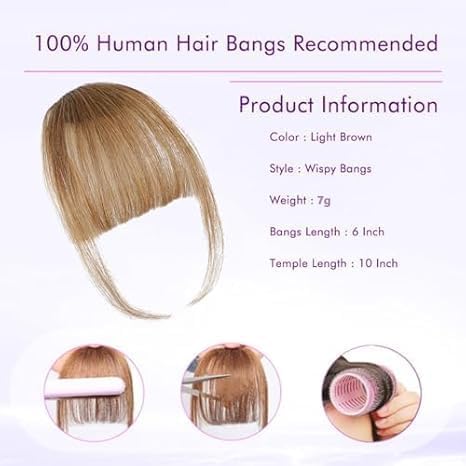 ELEFOCUS Clip-on bangs 100% real hair Fine light brown fake bangs Daily wear fake bangs - color: Light Brown, size: Wispy Bangs