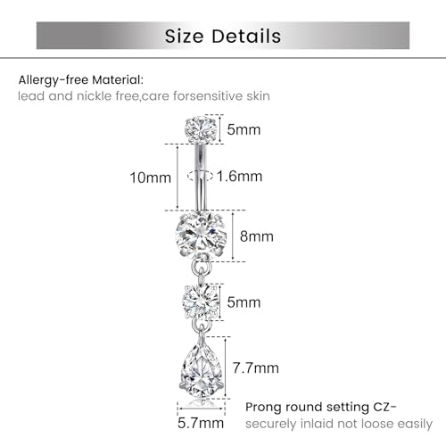 Briana Williams Belly Button Ring Clear CZ Dangle Belly Button Piercing Belly Rings Dangle Belly Button Rings Surgical Steel Teardrop Dangle Belly Button Jewelry for Women Silver Gold - color: E -silver
