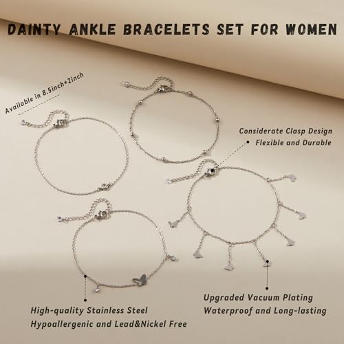 LOFITOR Ankle Bracelets for Women Glitter Waterproof Adjustable Anklet Set for Women 18K Gold Plated Silver Charm Dainty Layered Anklets, Summer Beach Anklet Jewelry for Women - style: Butterfly Silver