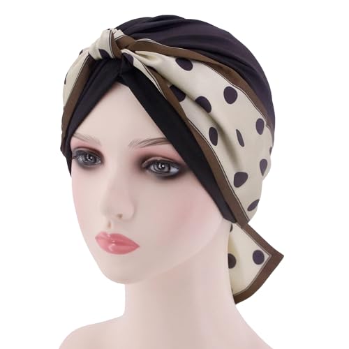 Erinaco Women Sparkle Sequin African Turban Bow Knot Pre-Tied Cap Pleated Ruffle Bonnet Beanie Hat Headwrap Skull Caps - color: Black Polka Dots