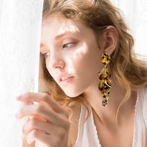 Long Acrylic Rose Petal Earrings Dangle Exaggerated Flower Earrings Drop Statement Floral Tassel Earrings for Women - color: Amber