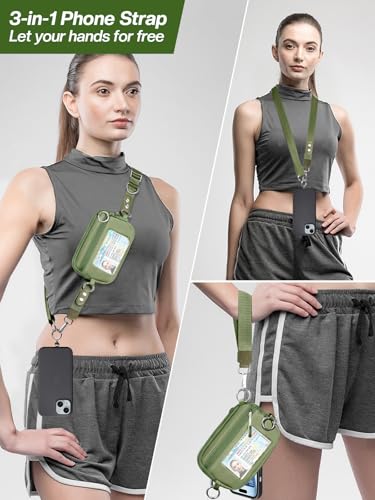 Tiostep Clip and Go Strap for Phone with Wallet Crossbody Phone Lanyard Adjustable and Detachable RFID Wristlet Wallet with ID Window and Zipper, Green - color: Green, size: Medium