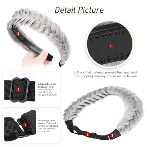 2PCs Braided Headband with teeth Handmade Messy Wide Synthetic Hair Elastic Stretch Fluffy Hairpiece for Brides (Smoky Gray) - color: Smoky Gray