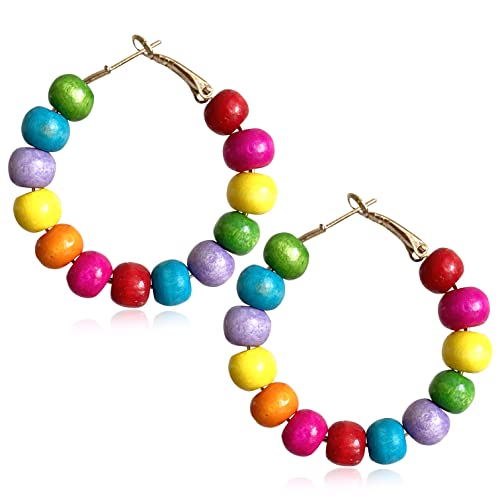 Handmade Nature Wooden Beaded Hoop Earrings Bohemian Minimalist Colorful Circle Round Wood Bead Earrings Vintage Chic Wooden Ethnic Dangle Drop Earrings for Women Statement Jewelry Gifts - color: Color Small Round 1