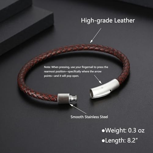 Men's Leather Bracelet, Stackable Stainless Steel Clasp Bracelets for Men Stylish Birthday, Thanksgiving, Valentine's Day Gift for My Man - style: 8.2" Round-tube Reflective Brown Leather