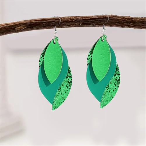 ANXIN boho unique Leather Earrings 2 Layered Lightweight Faux Leather Leaf Earrings Layered Design Drop Earrings Gift for Women - color: Green