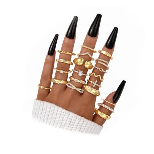 FAXHION 25 PCS Gold Stackable Rings Set for Women, Simple Twist Knuckle Finger Ring Trendy, Dainty Stacking Statement Thumb Rings Pack Jewelry Gift - color: Gold-Zircon