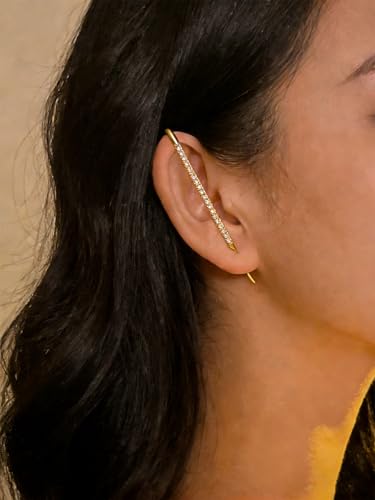 Ear Wrap Hook Earrings for Women Fashion Ear Cuff Crawler Earrings Silver Gold Long Piercing Crystal Curve Style Earring Stick Ear Wrap Earring Rhinestone Trendy Jewelry Gifts - color: full rhinestone-gold